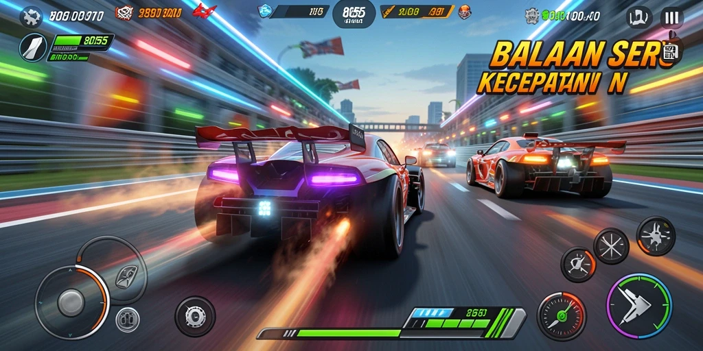 Menampilkan gameplay balapan yang mendebarkan dan kendaraan cepat.