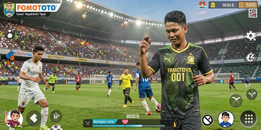 Tampilan gameplay FOMOTOTO yang memukau dengan aksi sepak bola yang seru.