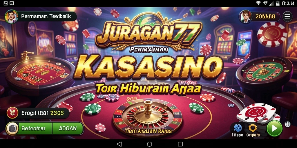 Tampilan gameplay kasino JURAGAN77 dengan slot dan meja permainan.