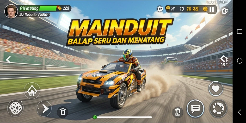 Tampilan gameplay seru dari MAINDUIT dengan mobil balap yang memukau.