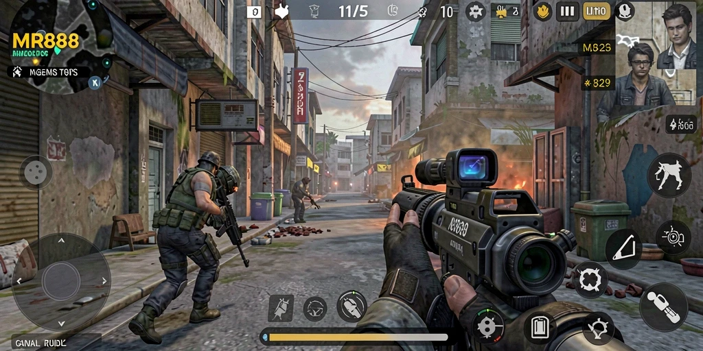 Tangkapan layar gameplay MR888 dengan aksi pertempuran TPS yang seru.